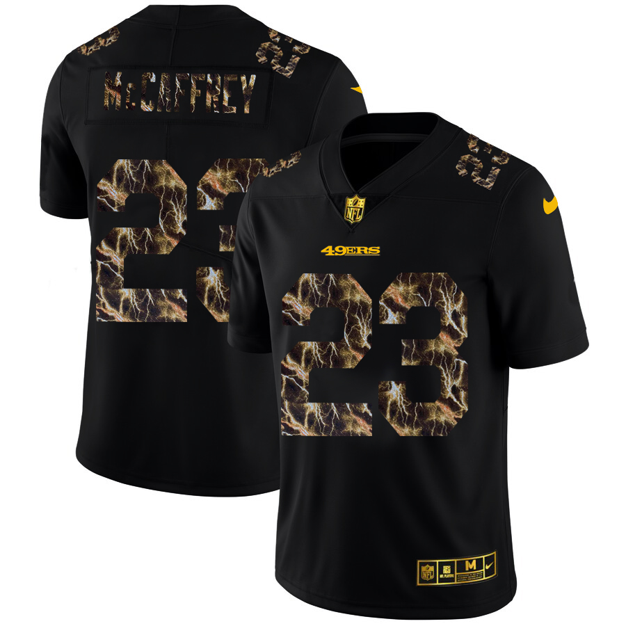 San Francisco 49ers #23 Christian McCaffrey Men's Black Flocked Lightning Vapor Limited Jersey