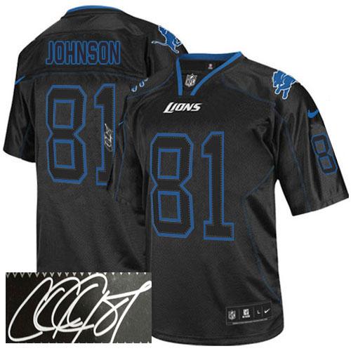 Detroit Lions #81 Calvin Johnson Lights Out Black Men's Stitched Elite Autographed Jersey Men's