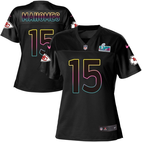 Chiefs #15 Patrick Mahomes Black Super Bowl LVII Patch Women's Fashion Game Jersey