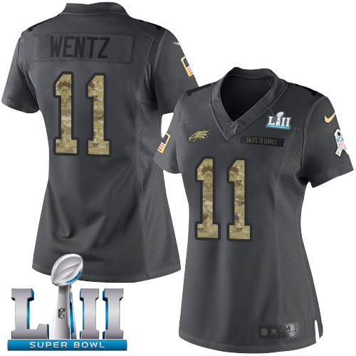 Philadelphia Eagles #11 Carson Wentz Black Super Bowl LII Women's Stitched Limited 2016 Salute to Service Jersey Womens