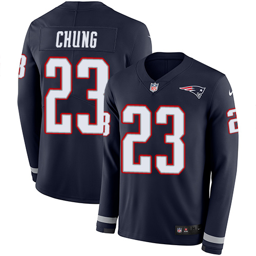 New England Patriots #23 Patrick Chung Navy Blue Team Color Men's Stitched Limited Therma Long Sleeve Jersey Men's