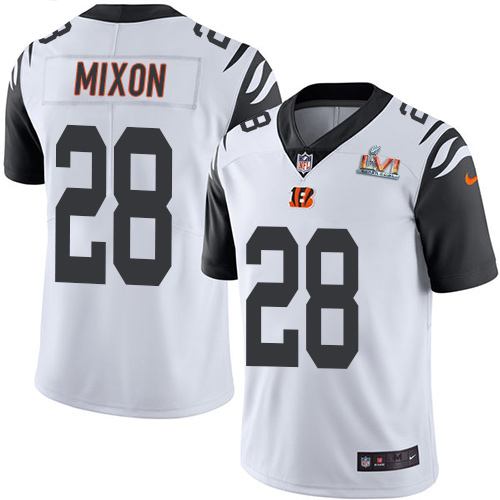 Bengals #28 Joe Mixon White Super Bowl LVI Patch Youth Stitched Limited Rush Jersey