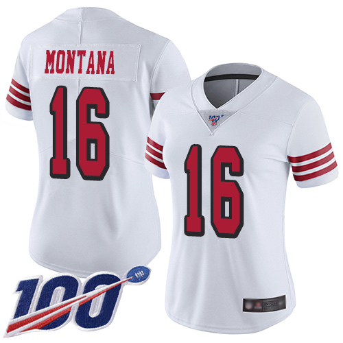 49ers #16 Joe Montana White Rush Women's Stitched Limited 100th Season Jersey