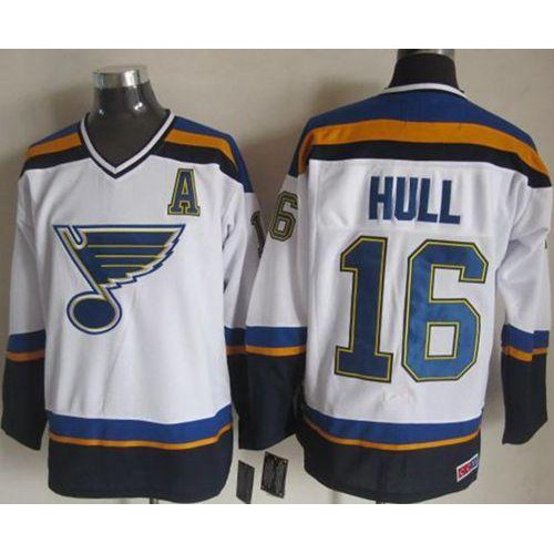 St. Louis Blues #16 Brett Hull White/Navy CCM Throwback Stitched Jersey Men's