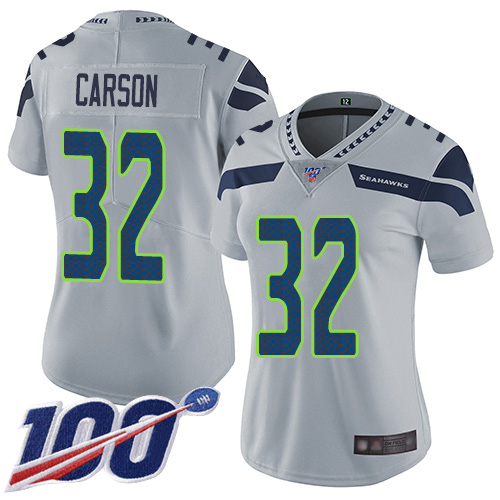 Seattle Seahawks #32 Chris Carson Grey Alternate Women's Stitched 100th Season Vapor Limited Jersey Womens