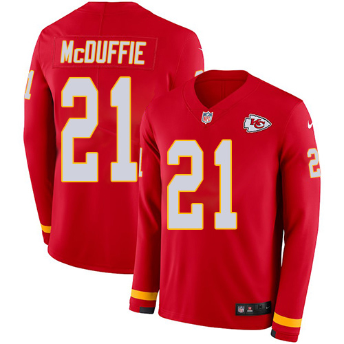 Chiefs #21 Trent McDuffie Red Team Color Youth Stitched Limited Therma Long Sleeve Jersey