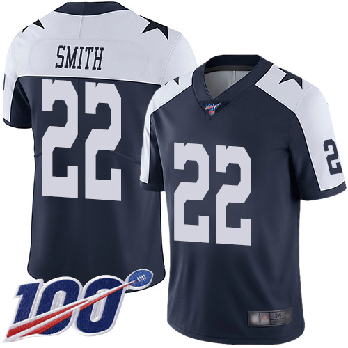 Cowboys #22 Emmitt Smith Navy Blue Thanksgiving Men's Stitched 100th Season Vapor Throwback Limited Jersey
