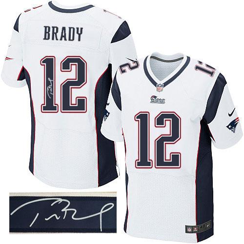 Patriots #12 Tom Brady White Men's Stitched Elite Autographed Jersey