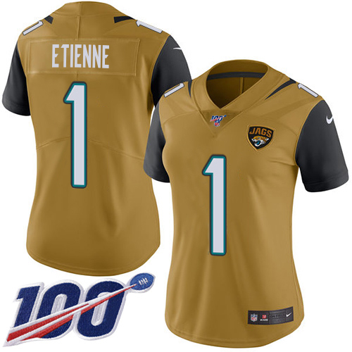 Jaguars #1 Travis Etienne Gold Women's Stitched Limited Rush 100th Season Jersey