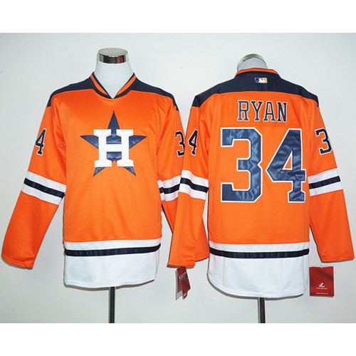 Houston Astros #34 Nolan Ryan Orange Long Sleeve Stitched Jersey Men's