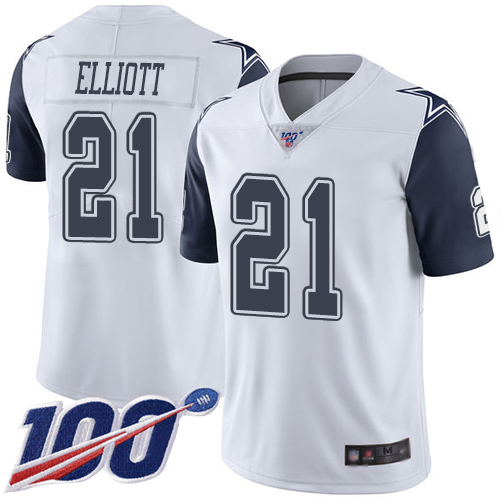Cowboys #21 Ezekiel Elliott White Men's Stitched Limited Rush 100th Season Jersey