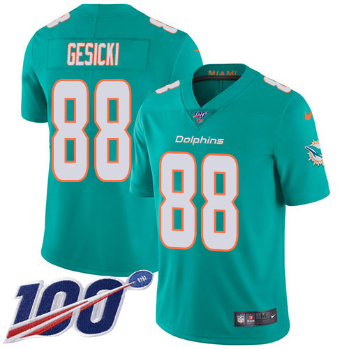 Dolphins #88 Mike Gesicki Aqua Green Team Color Men's Stitched 100th Season Vapor Untouchable Limited Jersey