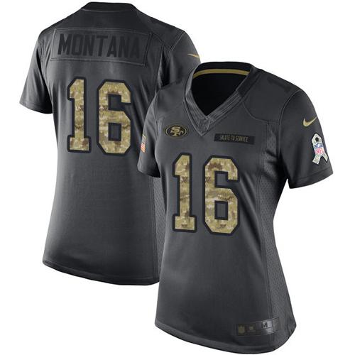 49ers #16 Joe Montana Black Women's Stitched Limited 2016 Salute To Service Jersey