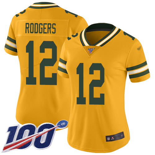 Packers #12 Aaron Rodgers Gold Women's Stitched Limited Inverted Legend 100th Season Jersey