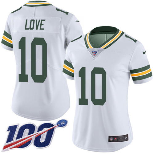 Packers #10 Jordan Love White Women's Stitched 100th Season Vapor Untouchable Limited Jersey