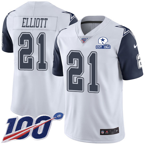 Cowboys #21 Ezekiel Elliott White Men's Stitched With Established In 1960 Patch Limited Rush 100th Season Jersey