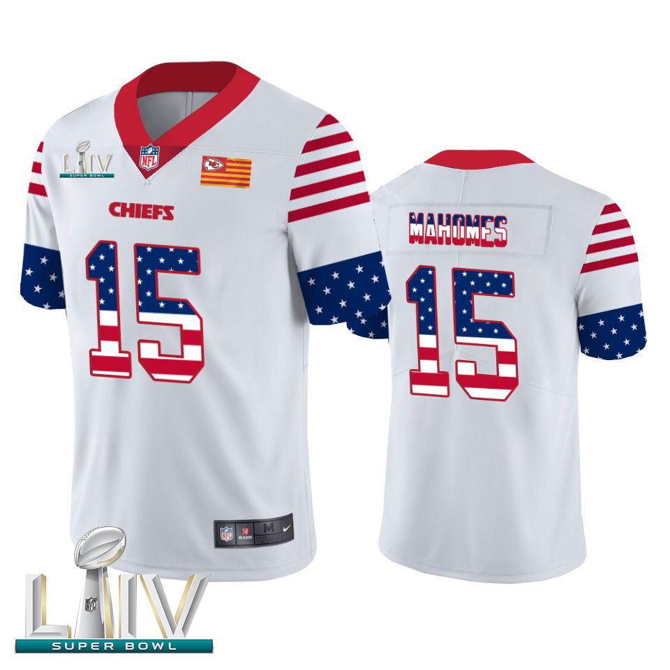 Kansas City Chiefs #15 Patrick Mahomes White Super Bowl LIV 2020 Men's Team Logo USA Flag Vapor Untouchable Limited Jersey