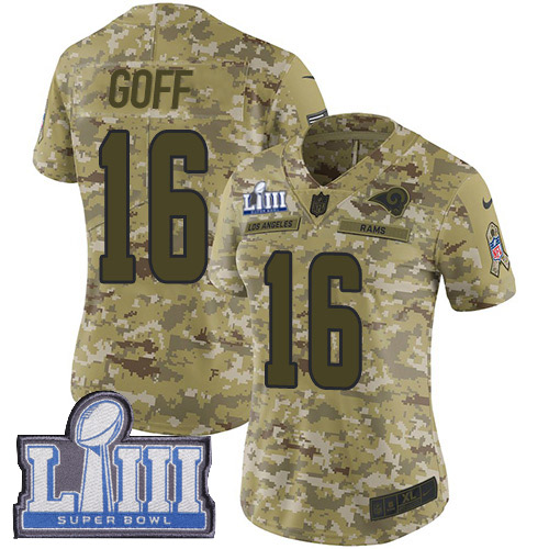 Los Angeles Rams #16 Jared Goff Camo Super Bowl LIII Bound Women's Stitched Limited 2018 Salute to Service Jersey Womens