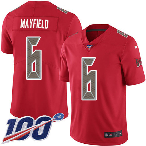 Buccaneers #6 Baker Mayfield Red Men's Stitched Limited Rush 100th Season Jersey