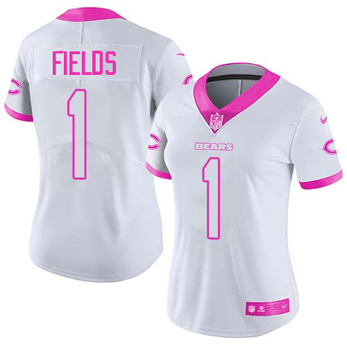 Bears #1 Justin Fields White/Pink Women's Stitched Limited Rush Fashion Jersey