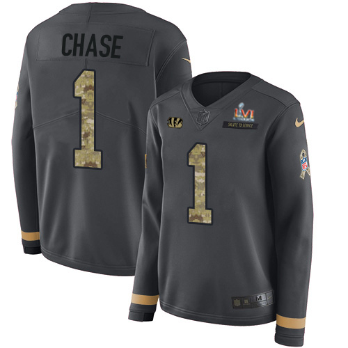 Bengals #1 Ja'Marr Chase Anthracite Super Bowl LVI Patch Salute To Service Women's Stitched Limited Therma Long Sleeve Jersey