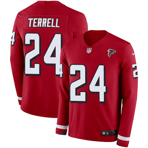 Atlanta Falcons #24 A.J. Terrell Red Team Color Youth Stitched Limited Therma Long Sleeve Jersey Youth