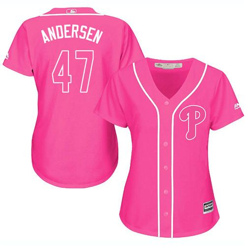 Philadelphia Phillies #47 Larry Andersen Pink Fashion Women's Stitched Jersey Womens