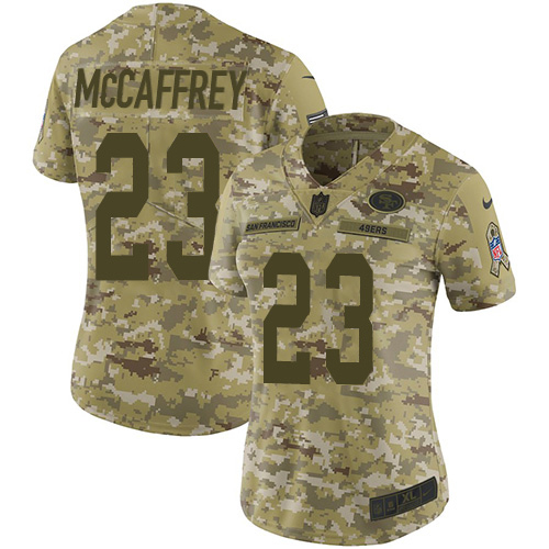 49ers #23 Christian McCaffrey Camo Women's Stitched Limited 2018 Salute To Service Jersey