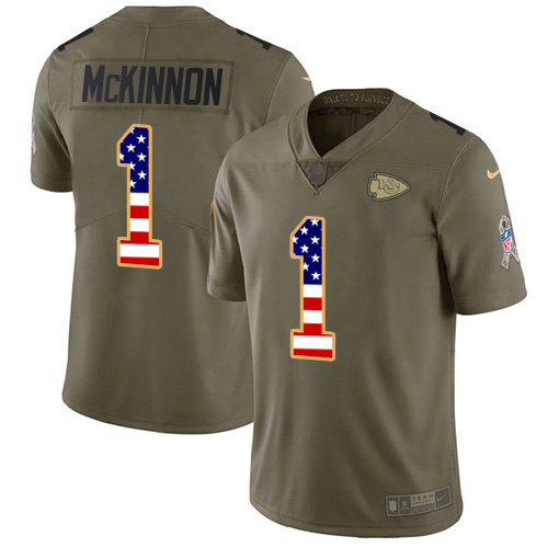 Chiefs #1 Jerick McKinnon Olive/USA Flag Youth Stitched Limited 2017 Salute To Service Jersey