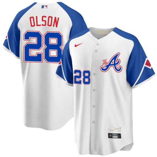 Men's Youth Women's Atlanta Braves #28 Matt Olson White 2023 City Connect Cool Base Jersey
