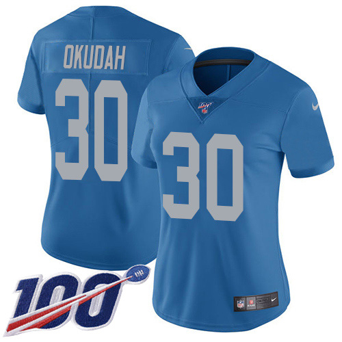 Detroit Lions #30 Jeff Okudah Blue Throwback Women's Stitched 100th Season Vapor Untouchable Limited Jersey Womens