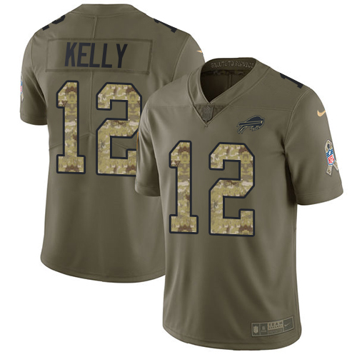 Bills #12 Jim Kelly Olive/Camo Men's Stitched Limited 2017 Salute To Service Jersey