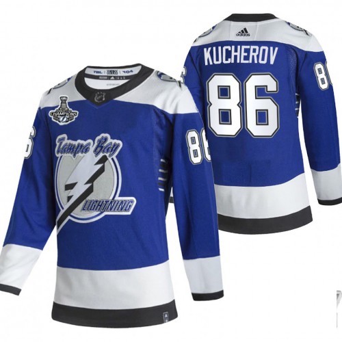 Adidas Tampa Bay Lightning #86 Nikita Kucherov Blue Road Authentic 2021 Stanley Cup Champions Jersey Men's