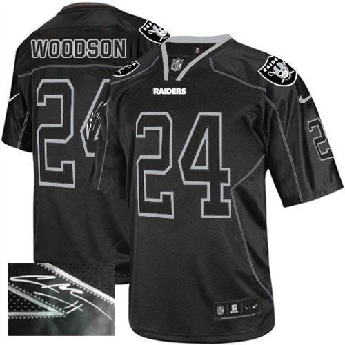 Raiders #24 Charles Woodson Lights Out Black Men's Stitched Elite Autographed Jersey