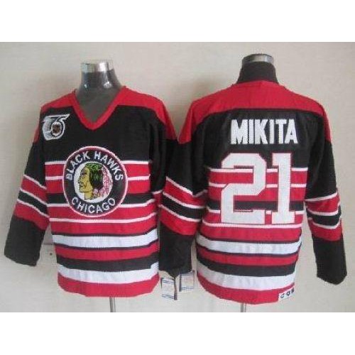 Chicago Blackhawks #21 Stan Mikita Red/Black 75TH CCM Stitched Jersey Men's