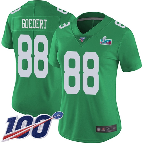 Eagles #88 Dallas Goedert Green Super Bowl LVII Patch Women's Stitched Limited Rush 100th Season Jersey