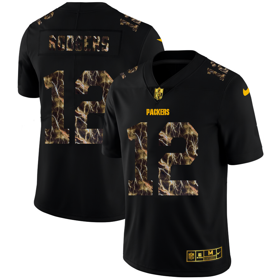 Green Bay Packers #12 Aaron Rodgers Men's Black Flocked Lightning Vapor Limited Jersey
