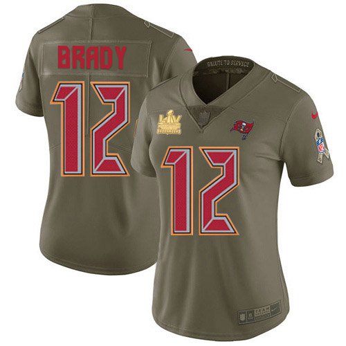 Buccaneers #12 Tom Brady Olive Women's Super Bowl LV Champions Patch Stitched Limited 2017 Salute To Service Jersey