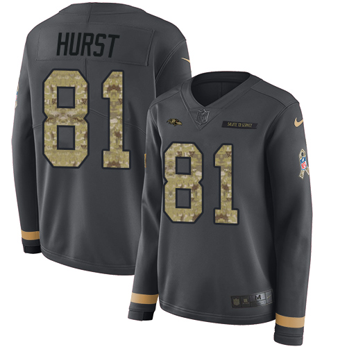 Baltimore Ravens #81 Hayden Hurst Anthracite Salute to Service Women's Stitched Limited Therma Long Sleeve Jersey Womens