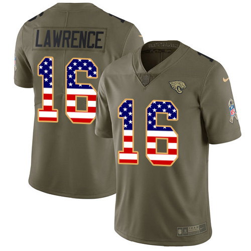 Jaguars #16 Trevor Lawrence Olive/USA Flag Youth Stitched Limited 2017 Salute To Service Jersey