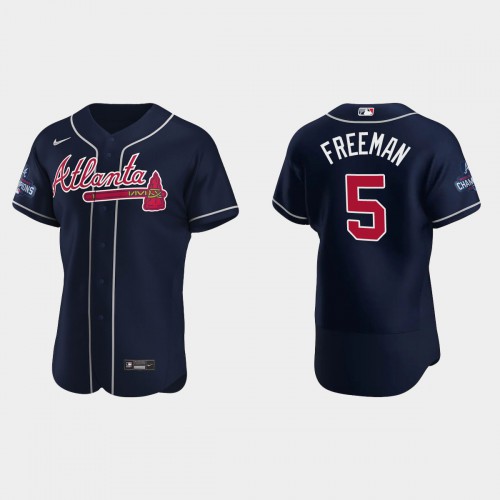 Atlanta Atlanta Braves #5 Freddie Freeman Men's 2021 World Series Champions Patch Authentic Player Jersey - Navy Men's