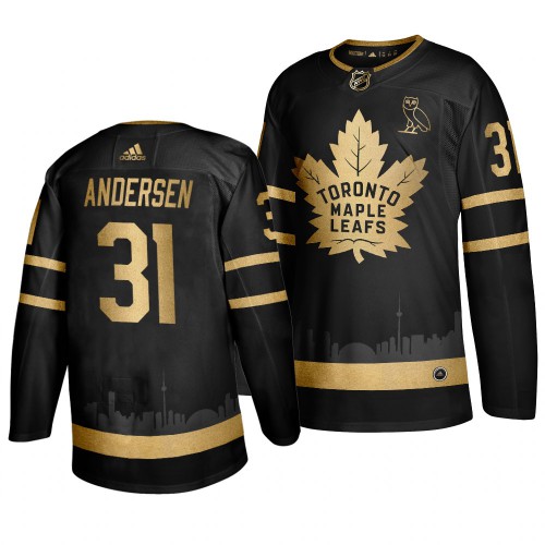 Adidas Maple Toronto Maple Leafs #31 Frederik Andersen Men's 2019 Black Golden Edition OVO Branded Stitched Jersey Men's