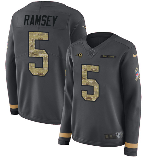 Rams #5 Jalen Ramsey Anthracite Salute To Service Women's Stitched Limited Therma Long Sleeve Jersey