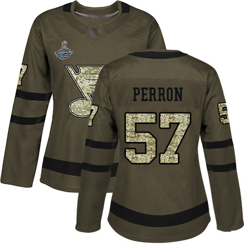 Adidas St. Louis Blues #57 David Perron Green Salute to Service Stanley Cup Champions Women's Stitched Jersey Womens