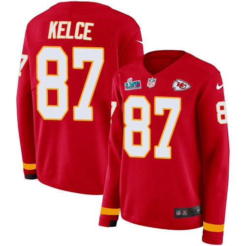 Chiefs #87 Travis Kelce Red Team Color Super Bowl LVII Patch Women's Stitched Limited Therma Long Sleeve Jersey