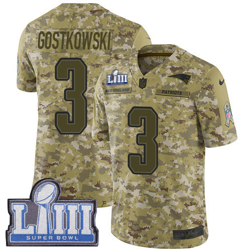 New England Patriots #3 Stephen Gostkowski Camo Super Bowl LIII Bound Men's Stitched Limited 2018 Salute To Service Jersey Men's