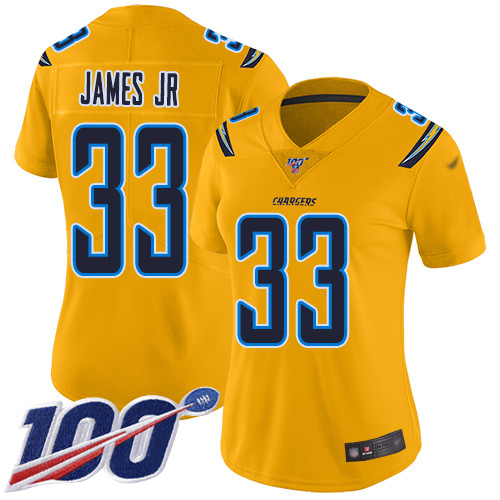Chargers #33 Derwin James Jr Gold Women's Stitched Limited Inverted Legend 100th Season Jersey