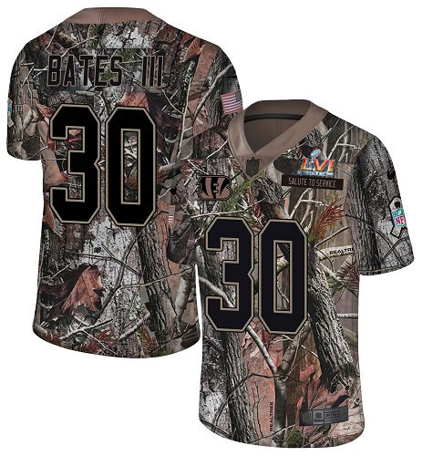 Bengals #30 Jessie Bates Camo Super Bowl LVI Patch Men's Stitched Limited Rush Realtree Jersey