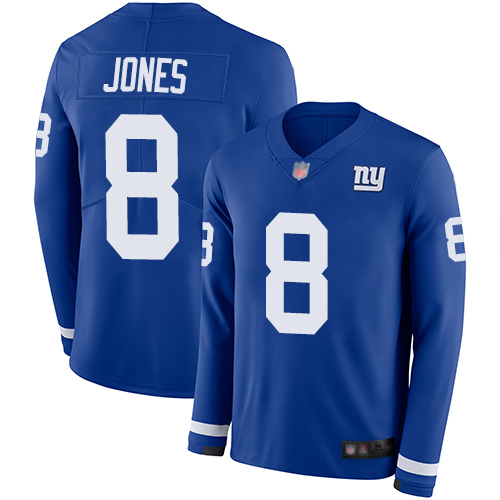 Giants #8 Daniel Jones Royal Blue Team Color Men's Stitched Limited Therma Long Sleeve Jersey