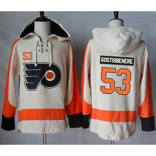 Philadelphia Flyers #53 Shayne Gostisbehere Cream Sawyer Hooded Sweatshirt Stitched Jersey Men's